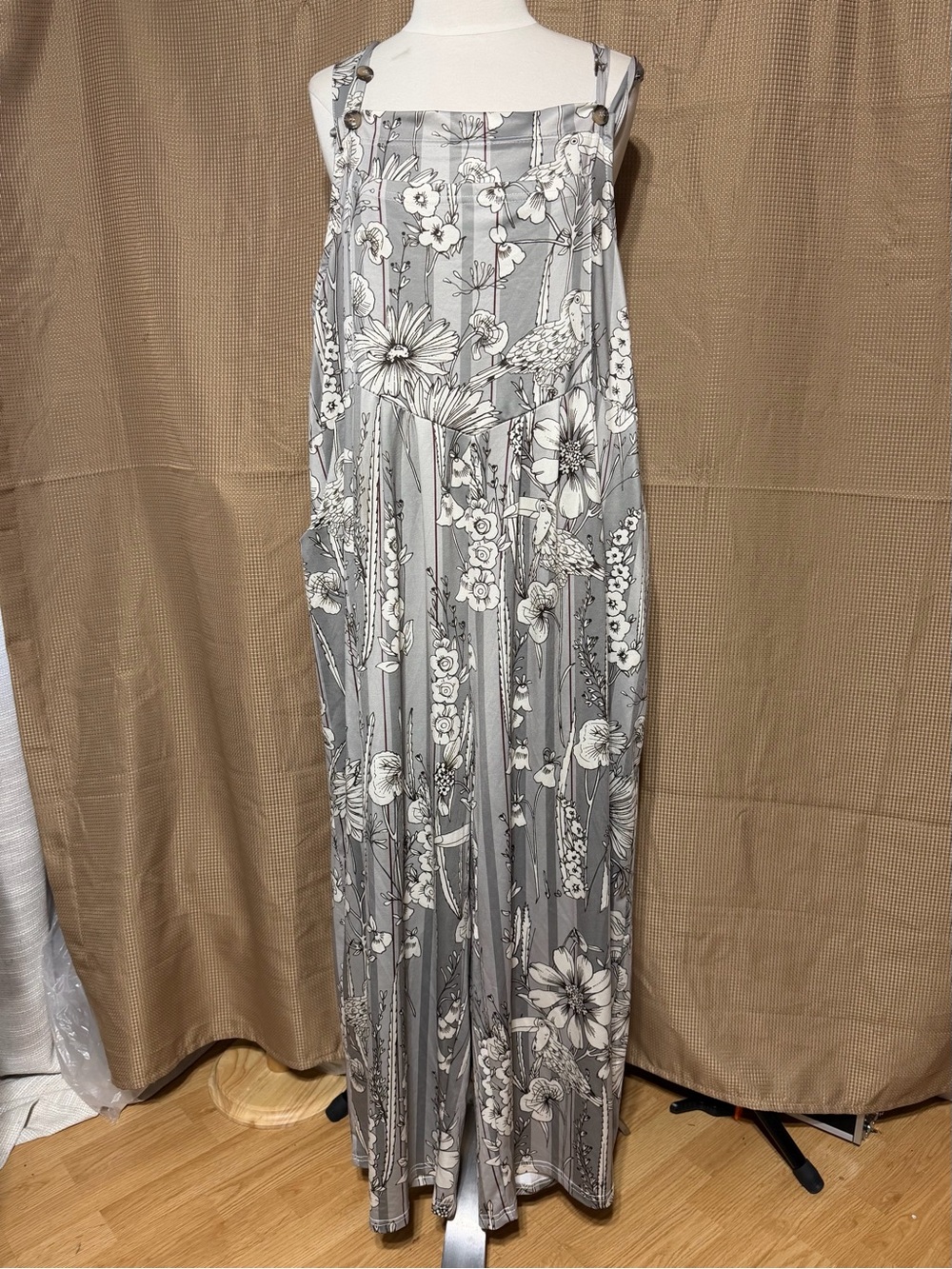 Gray Floral Wide-Leg Jumpsuit with Square Neck